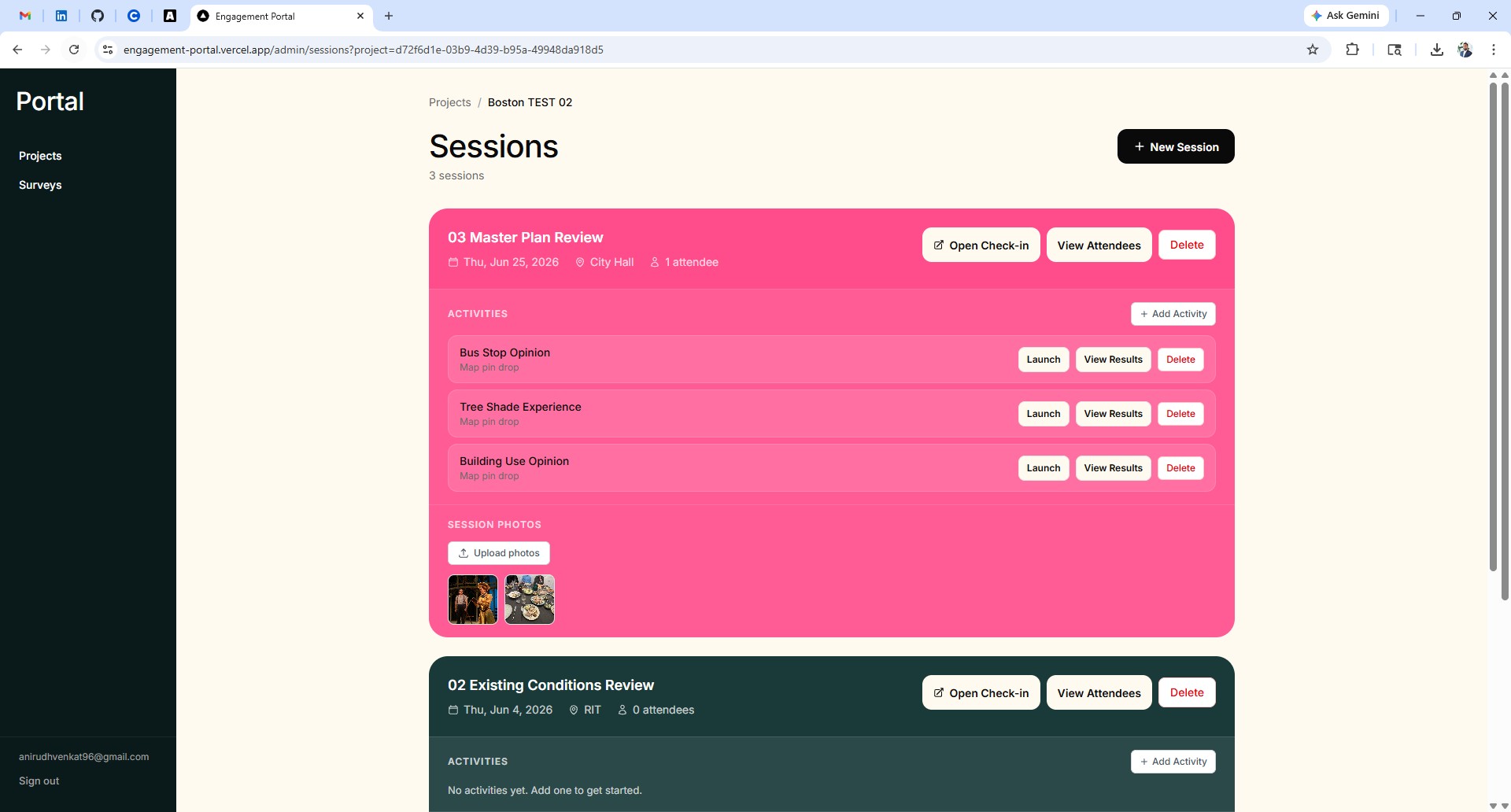 Admin sessions page