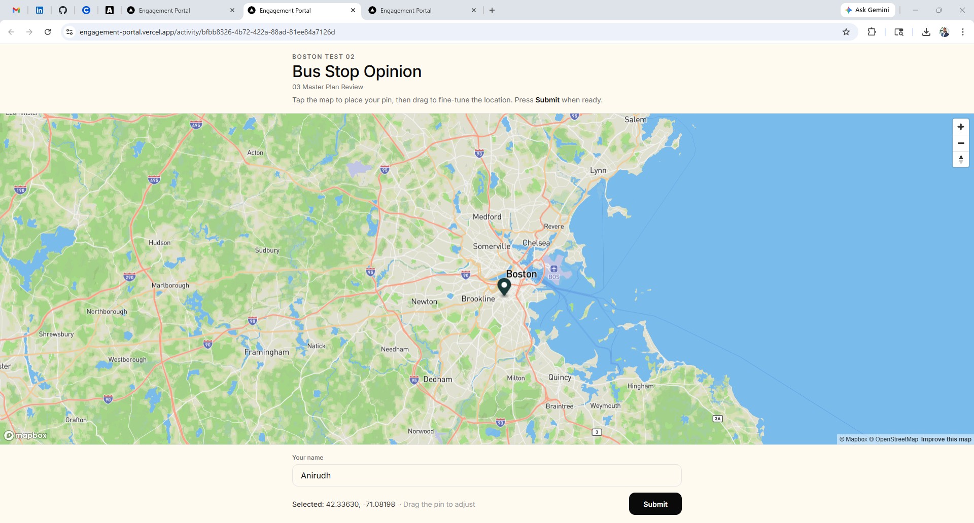 Map activity interface showing a pin placed on a street in Chennai
