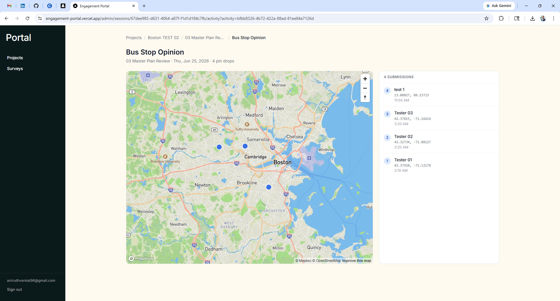 Admin activity results page showing clustered pins on a map